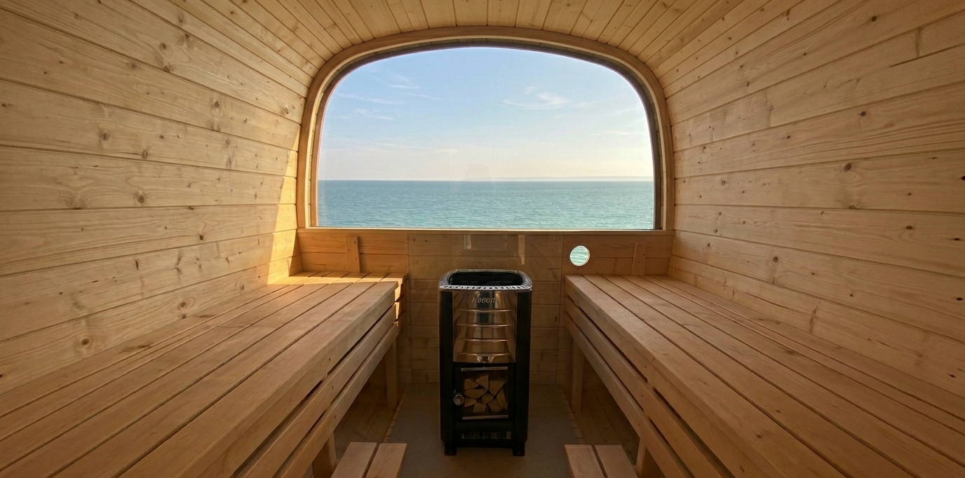 LongRun Viana sauna interior with sea view